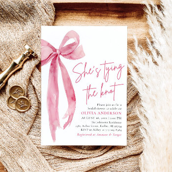 Blush Pink Bow She's Tying The Knot Bridal Shower Invitation by OhiaLehuaStore at Zazzle