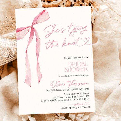 Blush Pink Bow Shes Tying the Knot Bridal Shower Invitation