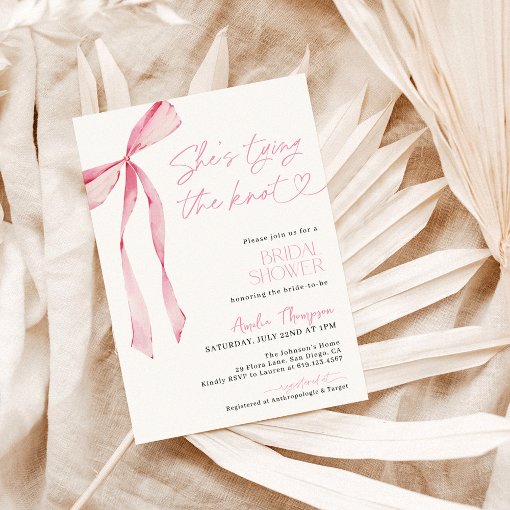 Blush Pink Bow She's Tying the Knot Bridal Shower Invitation | Zazzle