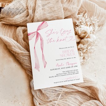 Blush Pink Bow She's Tying the Knot Bridal Shower Invitation | Zazzle