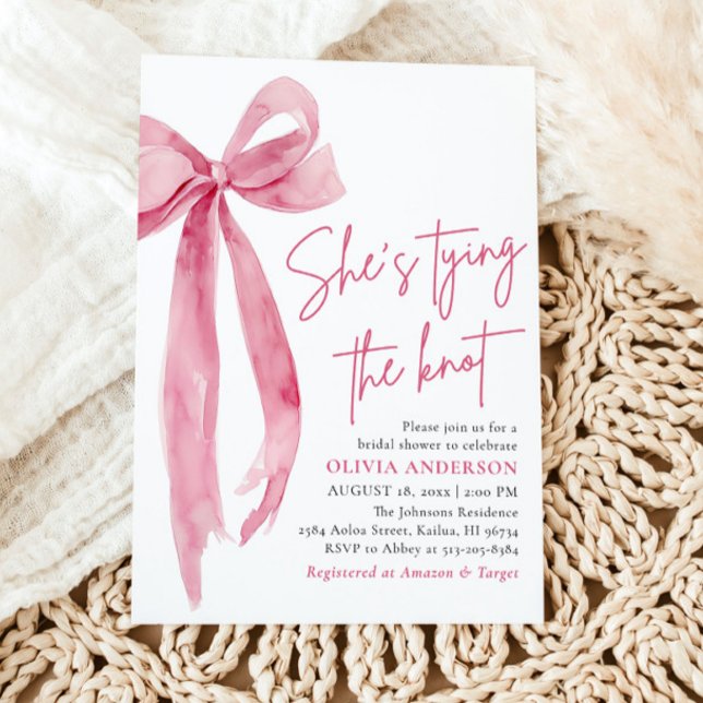 Blush Pink Bow She's Tying the Knot Bridal Shower Invitation | Zazzle