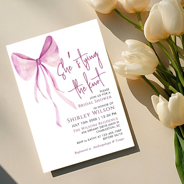 Blush Pink Bow She's Tying the Knot Bridal Shower Invitation (Creator Uploaded)