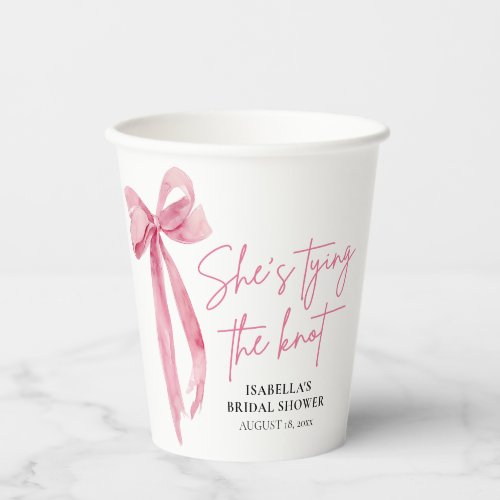 Blush Pink Bow Shes Tying the Knot Bridal Shower Paper Cups