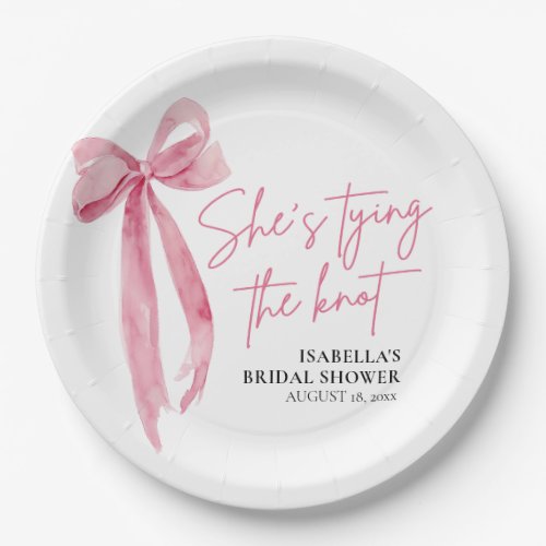 Blush Pink Bow Shes Tying the Knot Bridal Shower Paper Plates