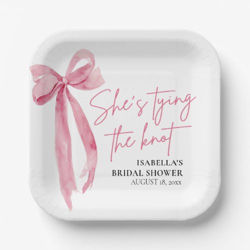 Blush Pink Bow Shes Tying the Knot Bridal Shower Paper Plates