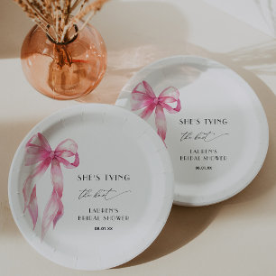 Blush Pink Bow She's Tying The Knot Bridal Shower Paper Plates