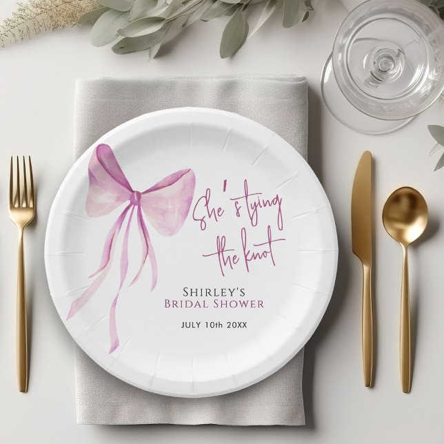 Blush Pink Bow She's Tying the Knot Bridal Shower Paper Plates (Creator Uploaded)