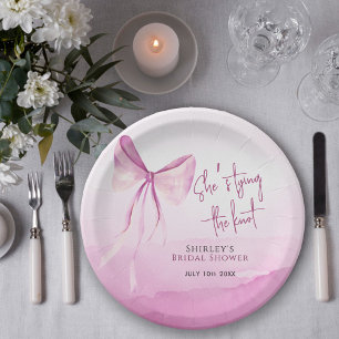 Blush Pink Bow She's Tying the Knot Bridal Shower Paper Plates