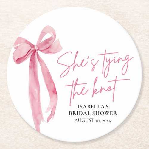 Blush Pink Bow Shes Tying the Knot Bridal Shower Round Paper Coaster