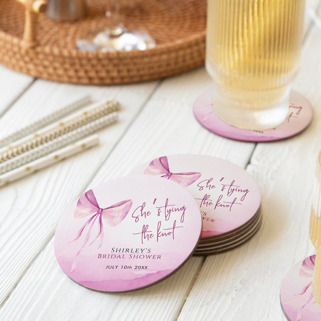 Blush Pink Bow She's Tying the Knot Bridal Shower Round Paper Coaster (Creator Uploaded)