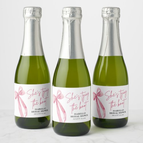 Blush Pink Bow Shes Tying the Knot Bridal Shower  Sparkling Wine Label
