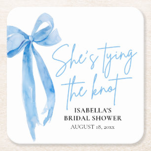 Blush Pink Bow She's Tying the Knot Bridal Shower Square Paper Coaster