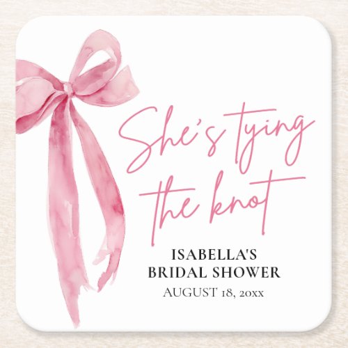 Blush Pink Bow Shes Tying the Knot Bridal Shower Square Paper Coaster