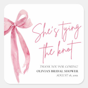 Blush Pink Bow She's Tying the Knot Bridal Shower Square Sticker