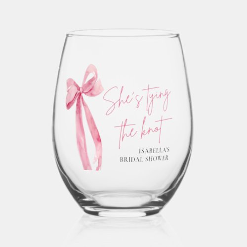 Blush Pink Bow Shes Tying the Knot Bridal Shower  Stemless Wine Glass