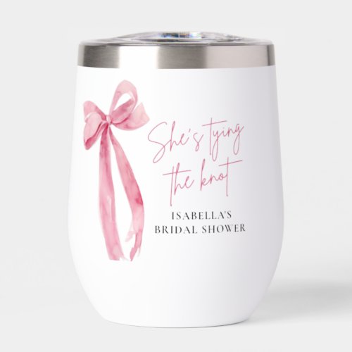 Blush Pink Bow Shes Tying the Knot Bridal Shower Thermal Wine Tumbler