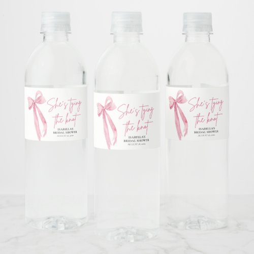 Blush Pink Bow Shes Tying the Knot Bridal Shower  Water Bottle Label