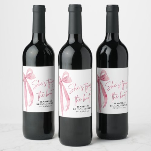 Blush Pink Bow Shes Tying the Knot Bridal Shower  Wine Label