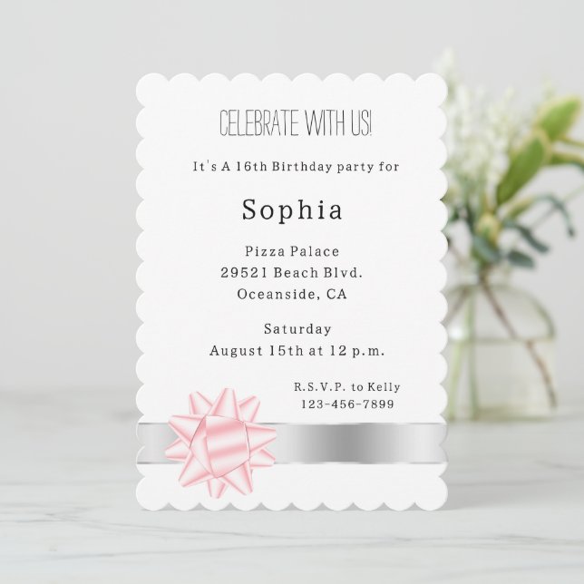 Blush Pink Bow Silver Glam Ribbon Birthday Invitation (Standing Front)