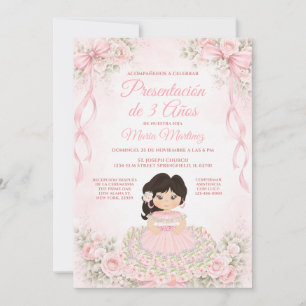 Blush Pink Bow Spanish Girl Presentación de 3 Años Invitation