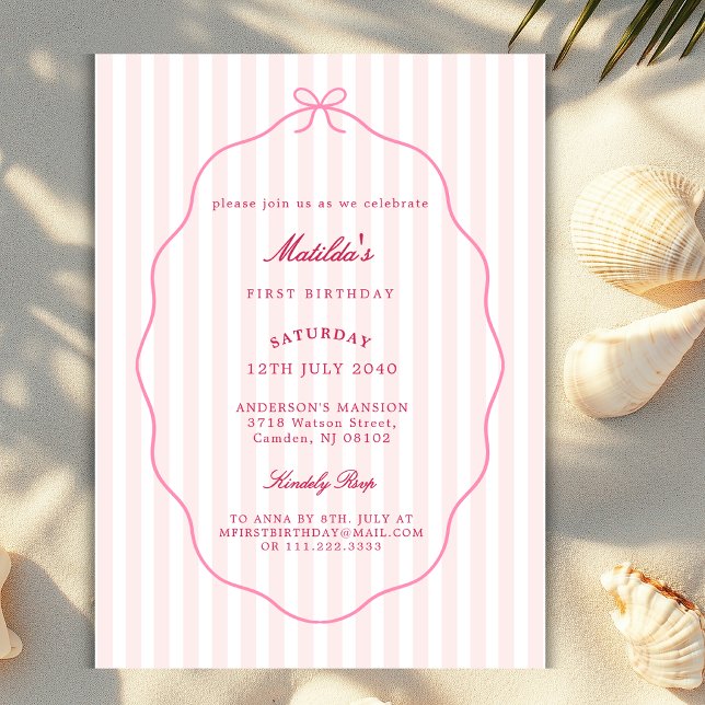Blush Pink Bow Stripes Classic Girly Any Birthday  Invitation (Creator Uploaded)