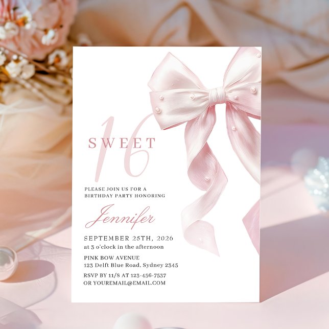 Blush Pink Bow Sweet 16 Birthday Invitation (Creator Uploaded)