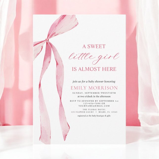 Blush Pink Bow Sweet Little Girl Baby Shower Invitation (Creator Uploaded)
