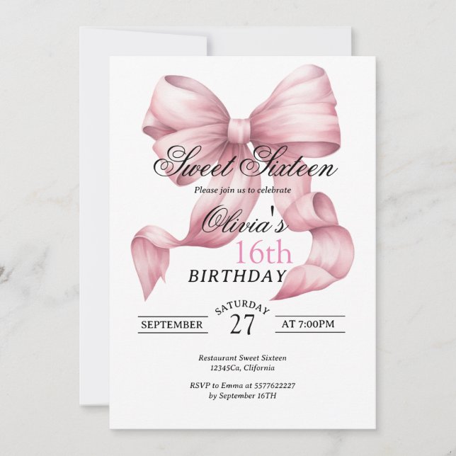 Blush Pink Bow Sweet Sixteen Birthday Invitation (Front)