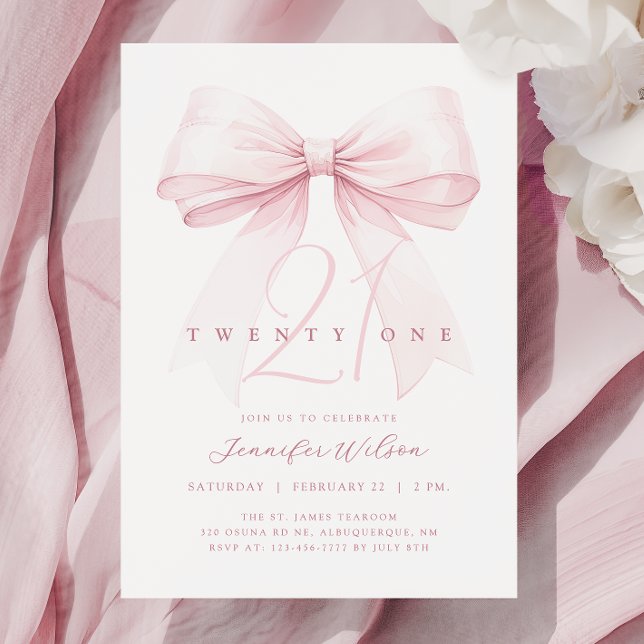 Blush Pink Bow Twenty One Birthday Invitation (Creator Uploaded)