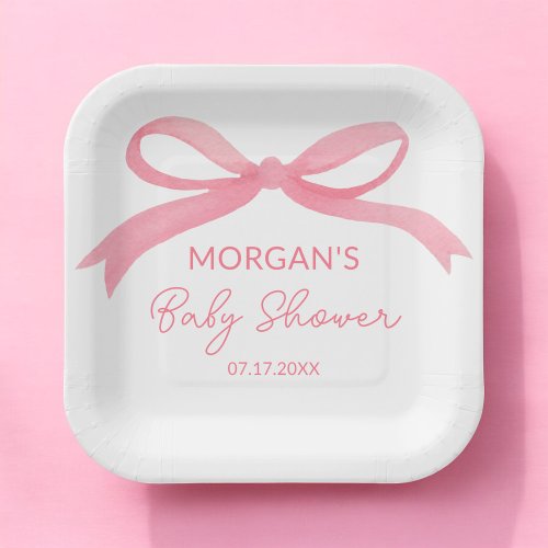 Blush Pink Bow Watercolor Baby Shower Paper Plates