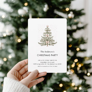 Blush Pink Bow Watercolor Christmas Tree Party Invitation