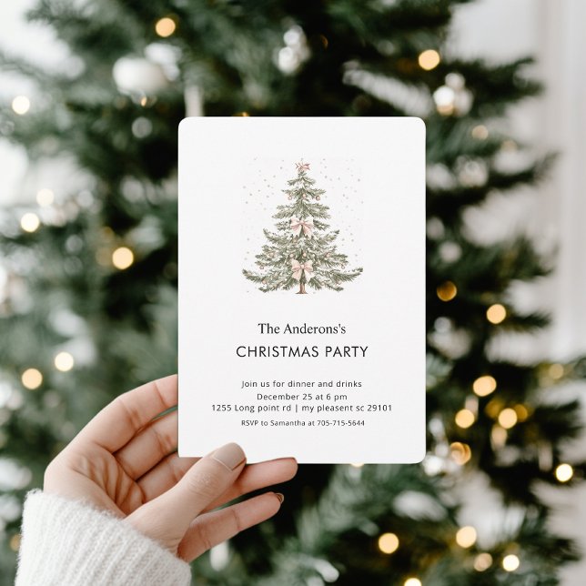 Blush Pink Bow Watercolor Christmas Tree Party  Invitation (Creator Uploaded)