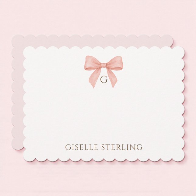 Blush Pink Bow Watercolor Monogram Note Card (Creator Uploaded)