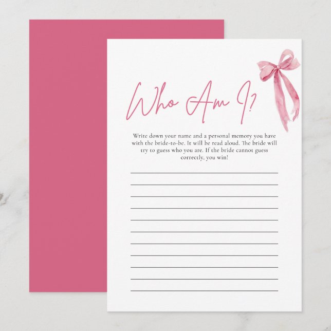 Blush Pink Bow Who Am I Bridal Shower Game Card (Front/Back)