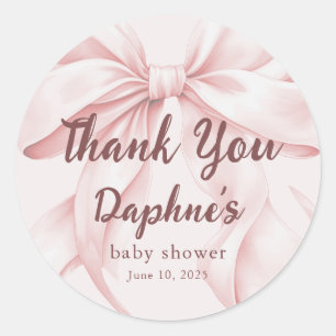 Blush pink bow with elegant script baby shower classic round sticker