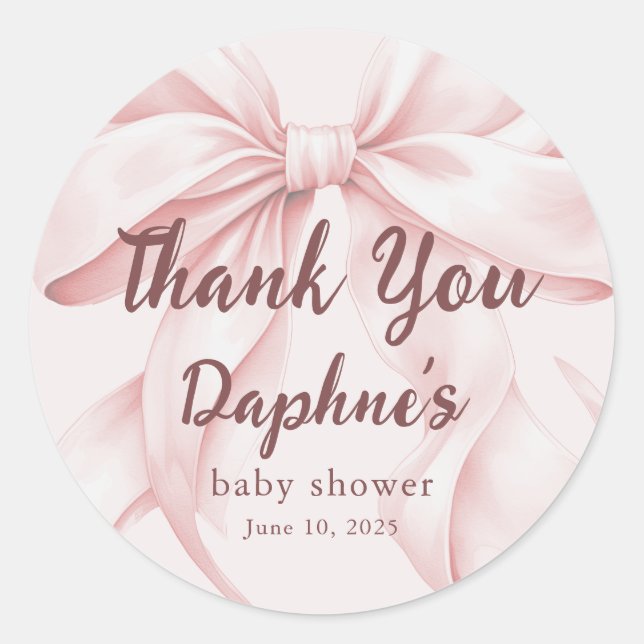 Blush pink bow with elegant script baby shower classic round sticker (Front)
