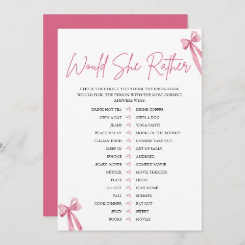 Blush Pink Bow Would She Rather Bridal Shower Game Invitation