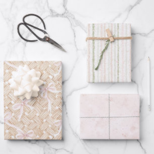 Blush Pink Bows Faux Basket Weave Birthday Wrapping Paper Sheets
