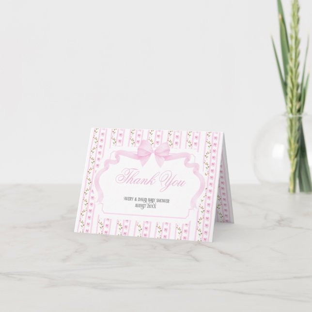 Blush Pink Bows Floral Elegant Baby Shower  Thank You Card (Front)
