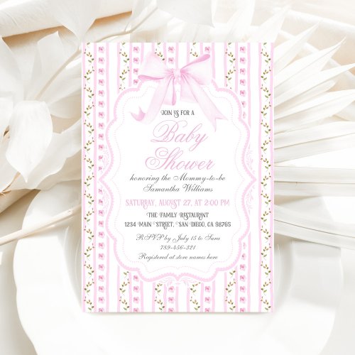 Blush Pink Bows Floral Elegant Girl Baby Shower Invitation