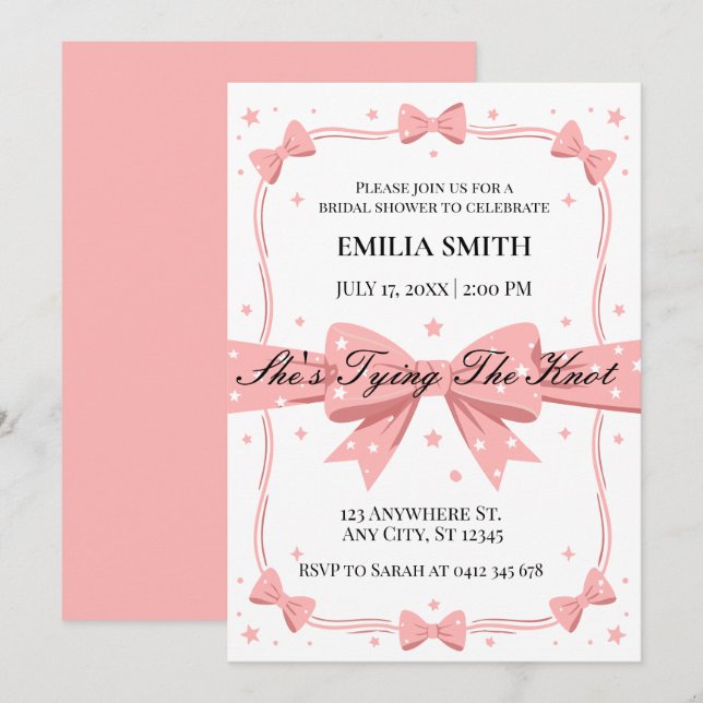 blush pink Bows She's Tying the Knot Bridal Shower Invitation (Front/Back)