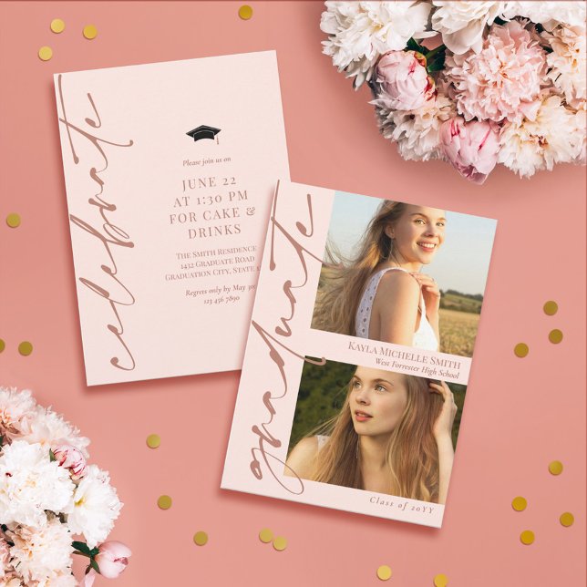Blush Pink & Brass Calligraphy 2 Photos Graduation Invitation (Creator Uploaded)