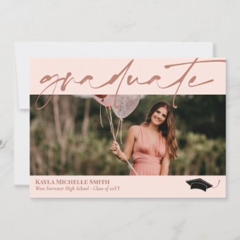 Blush Pink Brass Calligraphy Photo Graduation Invitation by Paperpaperpaper at Zazzle