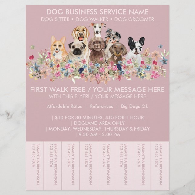 Blush Pink Breeds Dog Walker Budget Tickets Flyer (Front)