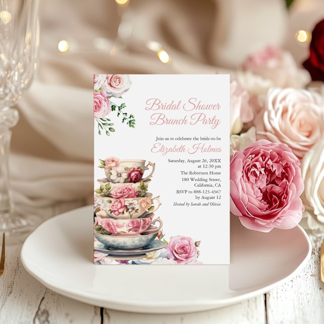 Blush Pink Bridal Luncheon Invitation Tea Party (Blush Pink Floral Teacup Bridal Shower Brunch Invitation on a table with white and pink peonies)