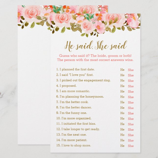 Blush Pink Bridal Shower He Said She Said Game (Front/Back)