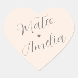 Blush Pink Bride and Groom Names on Wedding Heart Sticker