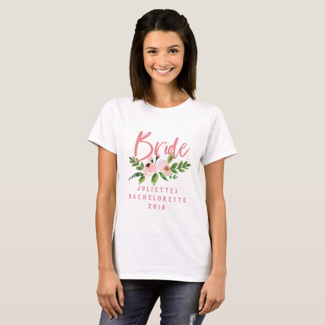 Blush pink bride floral watercolor t-shirt (Front Full)