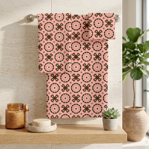 Blush Pink Brown Boho Chic Geometric Pattern Bath Towel Set