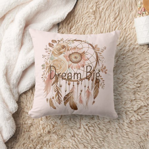 Blush Pink Brown Floral Dream Catcher   Throw Pillow